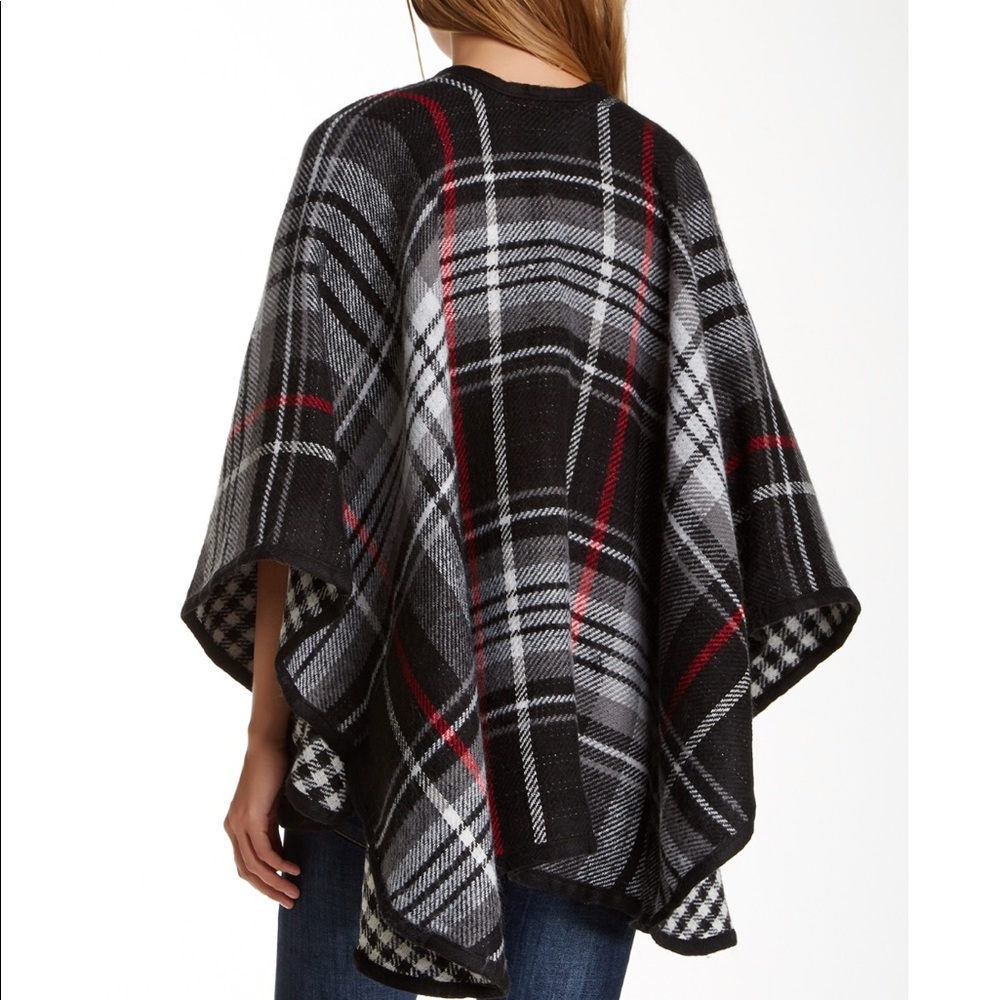 Steve Madden Reversible Plaid/houndstooth Checkered Poncho One Size - Picture 2 of 5